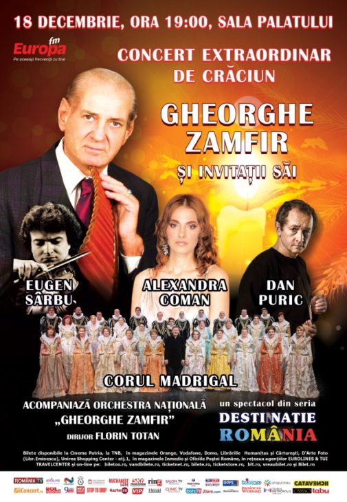 Concert extraordinar GHEORGHE ZAMFIR de Crăciun, alături de unii dintre cei mai buni artiști români, pe scena Sala Palatului
