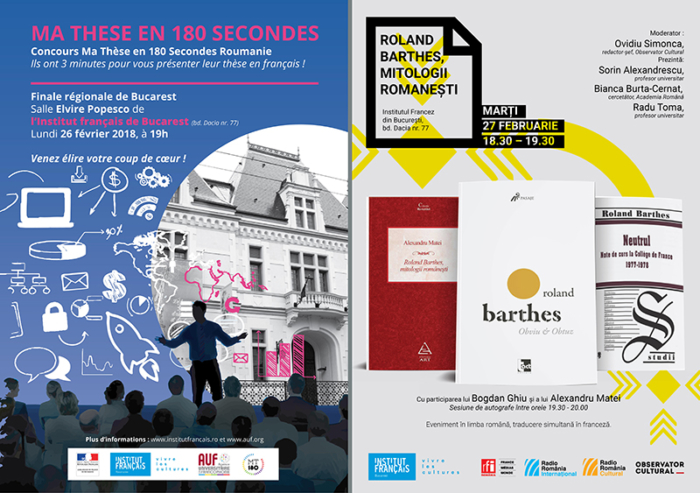 Institutul Francez București prezinta evenimentele ”Teza mea de doctorat în 180 de secunde” și ”Roland Barthes, mitologii românești”